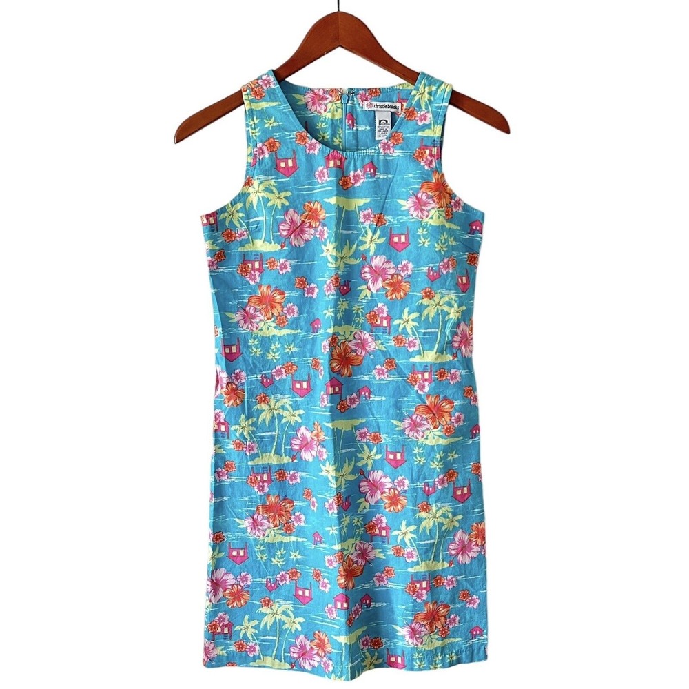 Christie Brooks Girls Size L (14) Blue Sleeveless Tropical Floral Dress